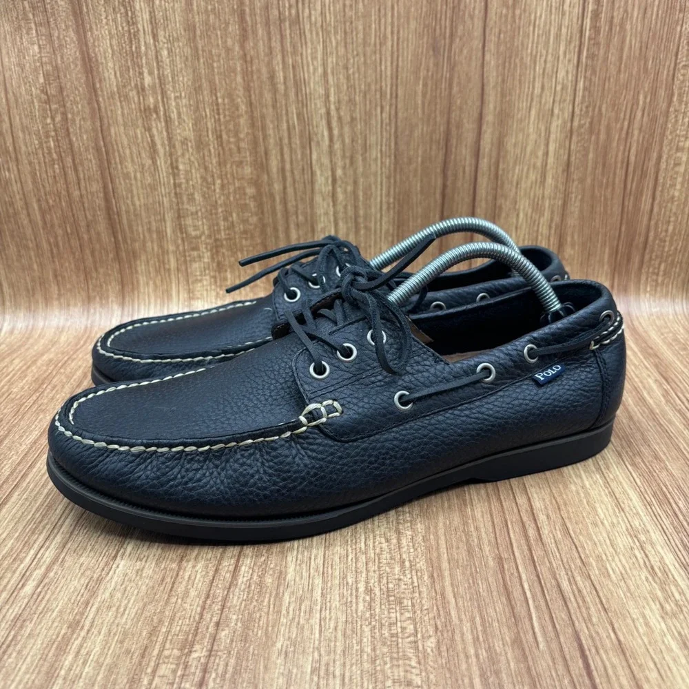 Polo Ralph Lauren Bienne Boat Shoes Mens Black Excellent 11D Pebbled Leather
